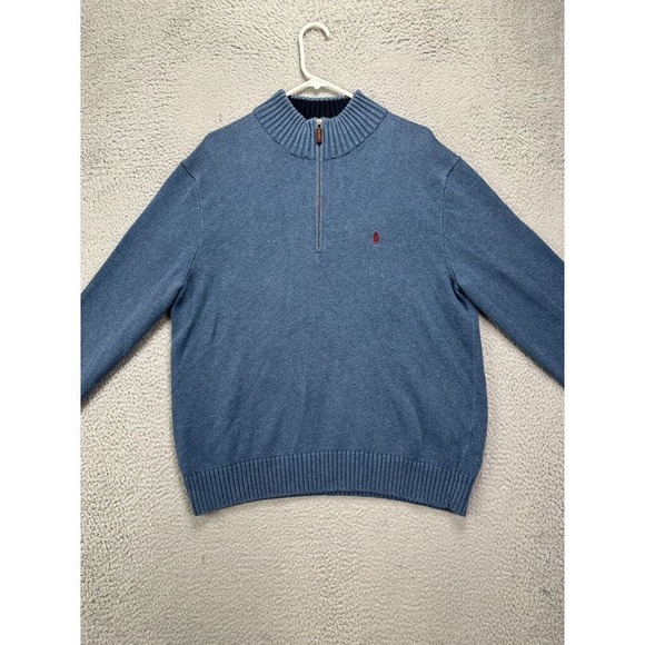 Polo Ralph Lauren Sweater Mens XL Blue Quarter Zip Pullover Long Sleeve Red Pony - Picture 1 of 8